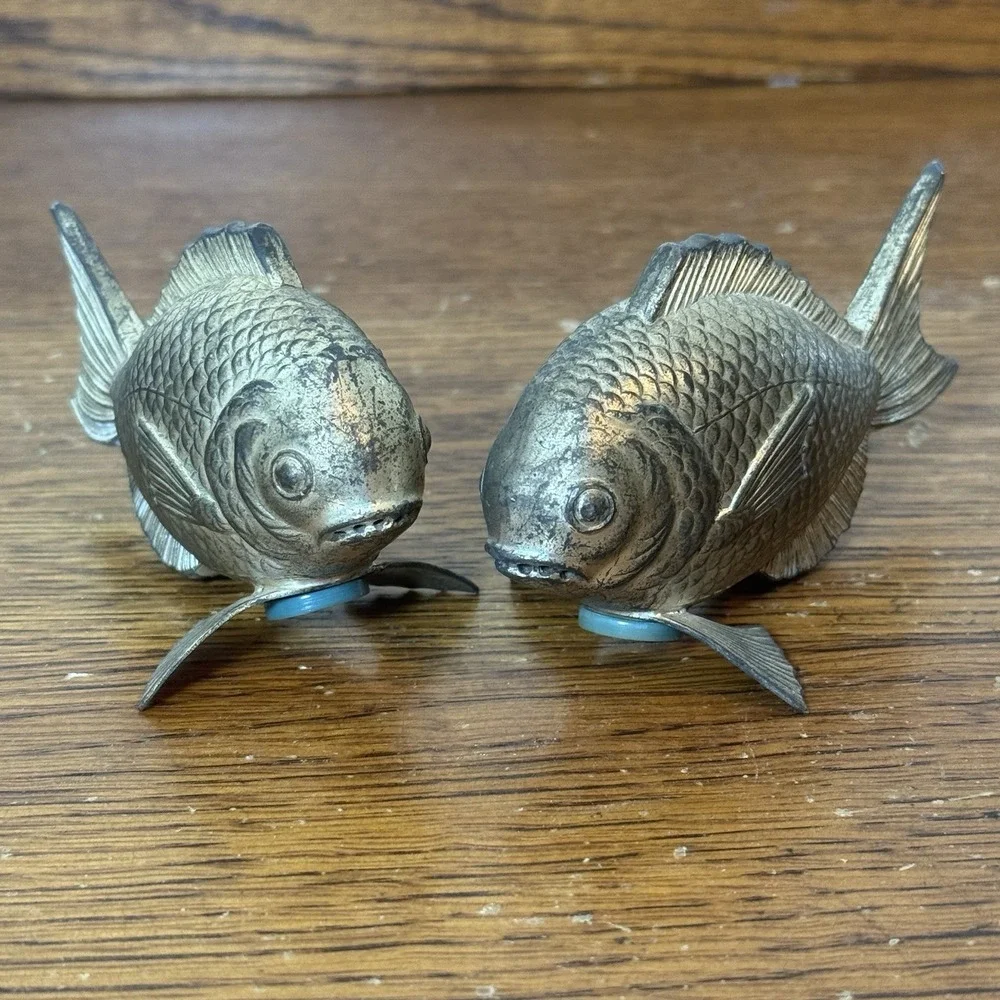 Vintage Brass Fish Salt & Pepper Shakers Set Pair 3